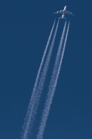 Airbus A380-800 (A6-EET) - Across the Atlantic and not half way home yet.  EK202 from JFK to DXB at fl370 over Manchester Airport.