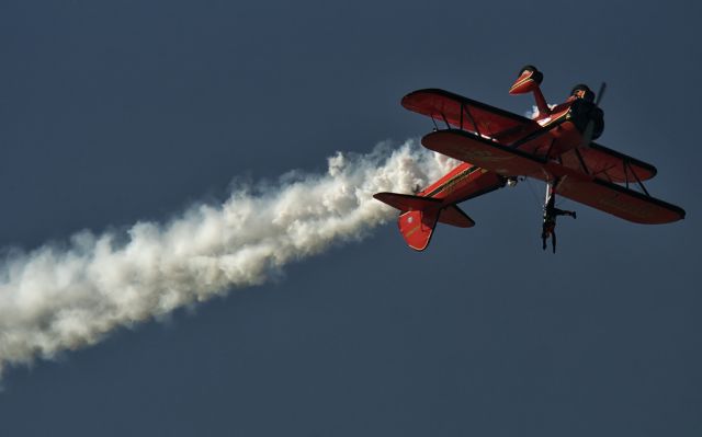 Boeing PT-17 Kaydet (N450D) - Danielle Wingwalker performing her act upside down on a 1943 Boeing Stearman