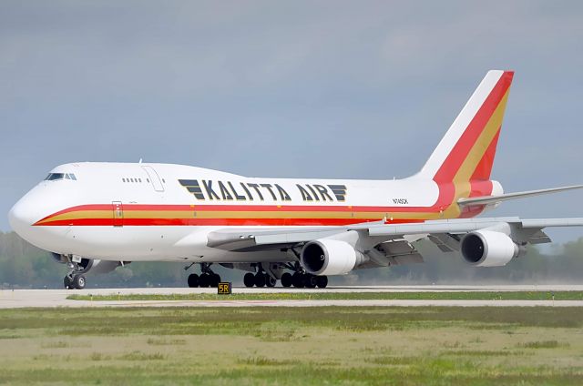 Boeing 747-400 (N745CK) - A rare visitor to Willow Run. Kalitta 9745 slowing down on runway 23L. This was a ferry flight from Leipzig, Germany to clear customs. Later headed up to Oscoda for maintenance.   