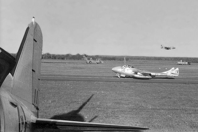 F+W EMMEN Vampire (A79656) - De Havilland Vampire TMK35 A79-656 departing RAAF Pearce (YPEA) for disposal late 1960s.