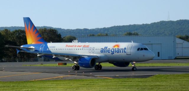 Airbus A320 (N230NV) - Turning on the active runway for departure is this allegiant Air Airbus 320-214 in the Autumn of 2021.