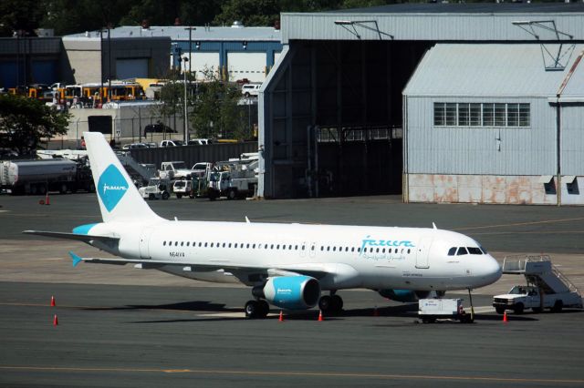 Airbus A320 (N641VA) - Jazeera Airways A320 (N641VA) at Boston Logan on June 19, 2010. Plane stopped in BOS, then flew to Miami to be repainted in Virgin America colors. 