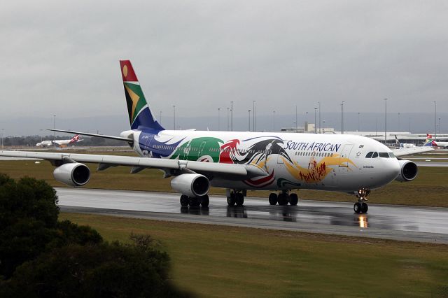 Airbus A340-300 (ZS-SXD) - First visit to Australia wearing this Olympics scheme