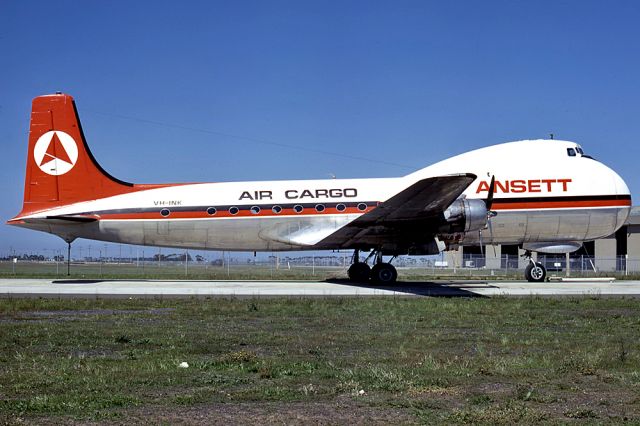 VH-INK — - ANSETT AIR CARGO - AVIATION TRADER LTD 98 CARVAIR - REG - VH-INK (CN 42994/55/20) - ADELAIDE INTERNATIONAL AIRPORT SA. AUSTRALIA - YPAD 12/4/1972 35MM SLIDE CONVERSION SING A LIGHTBOX AND A NIKON L810 DIGITAL CAMERA IN THE MACRO MODE.