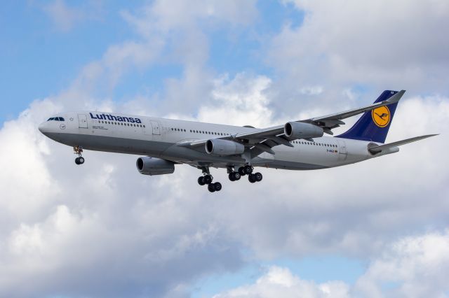 Airbus A340-300 (D-AIGZ) - LH442 on final for 21L after it's scheduled passenger flight from Frankfurt.