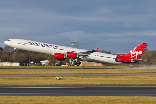 Airbus A340-600 (G-VFIT) - The A340-600 will soon be not longer with us so nice to see G-VFIT at Manchester, a rare occurrence at the best of times.