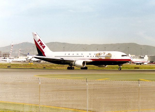 BOEING 767-200 (N605TW) - KSFO - well traveled TWA 767 200 on runway 1R headed to JFK.