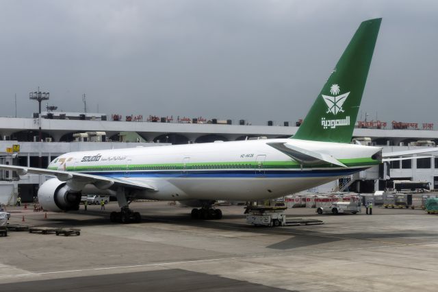 BOEING 777-300 (HZ-AK28) - 5th June, 2022: Saudia's 75th Anniversary retro-livery B773 is seen parked at the gate at Dhaka's Zia International Airport. 