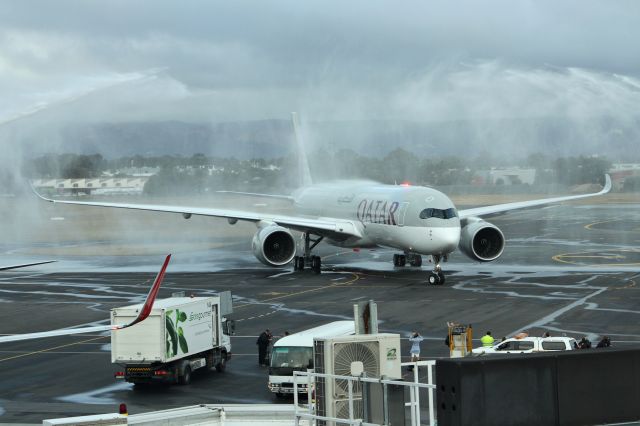 Airbus A350-900 (A7-ALH) - Welcome to Adelaide... Qatar Airlines flight QTR914 is seen receiving a water canon salute after the arrival of the first scheduled, being operated by A350-941 A7-ALH on Tuesday May 3rd 2016. This was also the first scheduled A350 service into Australia.