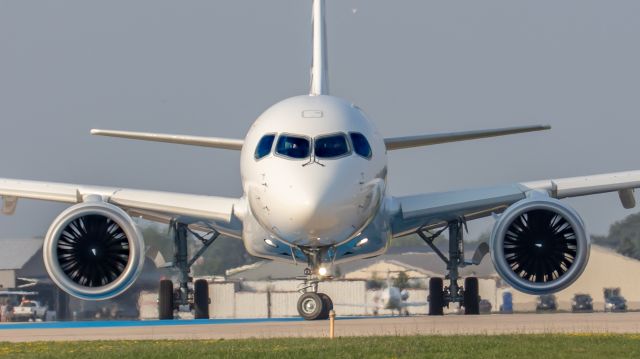 Airbus A220-300 (C-FFDO) - July 23, 2018, Oshkosh, WI -- This Airbus A220-300 model is making a 180-degree turn to line up on runway 18.br /The BCS3 was on exhibit during day 1 of the EAA AirVenture 2018. Another plane had mechanical issues near the threshold of runway 18, so this is why they were turning at this point. Uploaded in low-resolution. Full resolution is available at cowman615 at Gmail dot com. cowman615@gmail.com