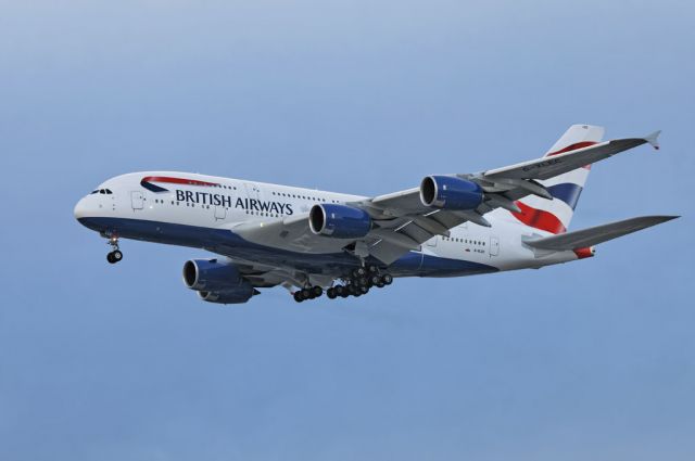 G-XLEC — - A British Airways operated Airbus A380-841 superjumbo arriving in the late afternoon, moments from touch down at the Los Angeles International Airport, LAX, in Westchester, Los Angeles, California