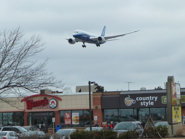 Boeing 787-8 (N787BX) - Boeing 787 on final for runway 23 at Pearson, just before flying over Airport Road.