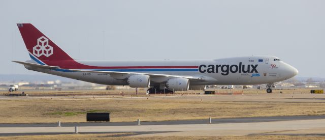 BOEING 747-8 (LX-VCI) - Taken from DFW Founders' Plaza.  Lux on it way to KORD from KDFW.