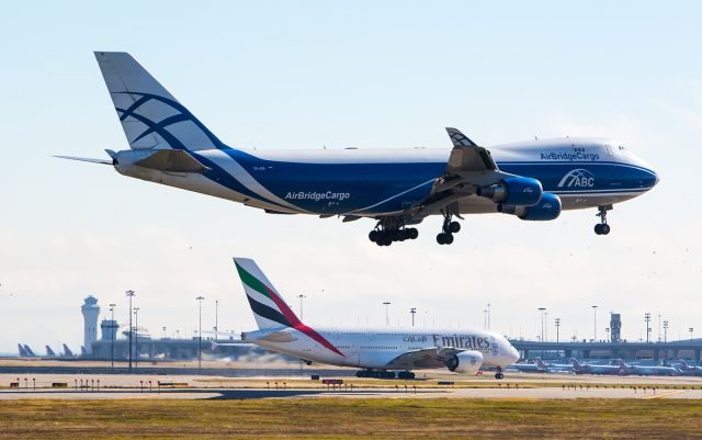 Boeing 747-400 (VQ-BIA) - 01/07/2016 Air Bridge Cargo VQ-BIA B744 KDFW - Emirates A380 in the background.