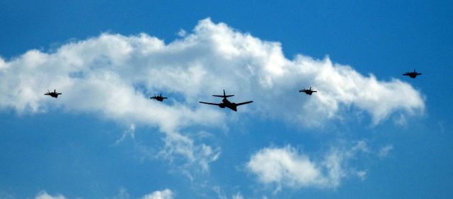 Rockwell Lancer (86-0107) - Shown here is the United States Air Force Supersonic B-1 Lancer long range bomber accompanied by F-35 Lighting fighter jets near Philadelphia Pa. (KPHL) on on the 4th of July 2020.