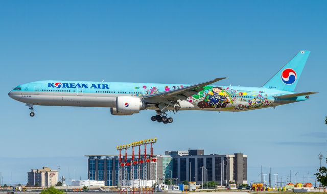 BOEING 777-300 (HL8209) - Korean Childrens Drawing Competition livery about to land on runway 24R as KE73 direct from Incheon