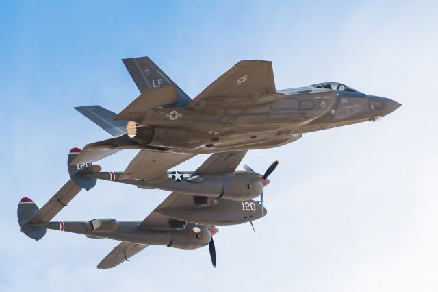 Lockheed P-38 Lightning — - P38 with an F-35 in formation. Davis Monthan AFB (KDMA), Tucson Arizona, Feb 11 2017. USAF Heritage Flight training weekend.