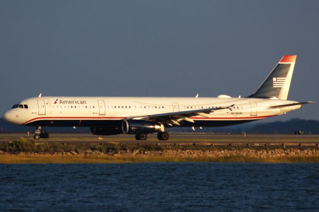 Airbus A321 (N578UW) - American A321 in US Airways retro livery departing BOS on 8/30/21.