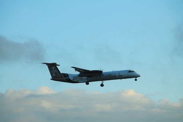 de Havilland Dash 8-400 (N400QX) - Idaho Vandals Q400 landing in the Sunset at PDX. Photo taken on the third floor of the Embassy Suites Portland Airport.