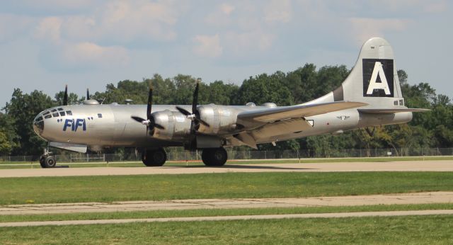 Boeing B-29 Superfortress (N529B) - The Commemorative Air Forces Boeing B-29 Superfortress "Fifi" a couple of seconds after touchdown on Runway 36 at Wittman Regional Airport, Oshkosh, WI, during AirVenture 2017 - July 29, 2017.