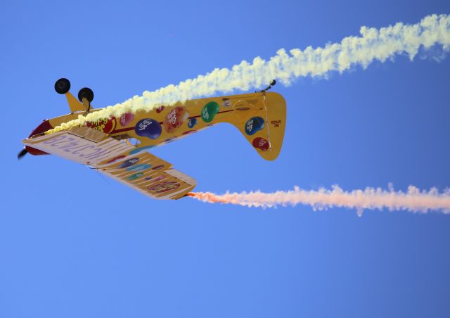 INTERSTATE S-1 (N37428) - Kent Pietsch in his Interstate S-1A-65F Cadet, Jelly Belly (NC37428), at Thunder & Lightning Over Arizona at Davis Monthan AFB, 12 Mar 16.  The picture is right-side up.