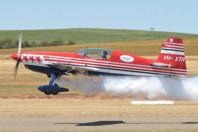 EXTRA EA-300 (VH-XTR) - Extra EA 300S at the Jamestown Air Spectacular October 18, 2015.  Bringing out some older pics waiting for suitable weather to get out again - it was cloudy and dull for several days, then W-A-Y too hot for useful photos (110 deg F and 97 deg F) and now it's cool at last but pouring rain (thankfully though cos we need it).