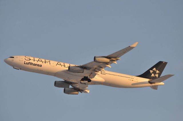 Airbus A340-300 (D-AIGV) - Lufthansa 443 departing DTW in the last moments of golden hour yesterday evening off of runway 4R.