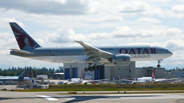 Boeing 777-200 (A7-BFV) - BOE282 on short final to Rwy 16R to complete a ferry flight from KPDX on 7.5.20. (B777-FDZ / ln 1658 / cn 66340).