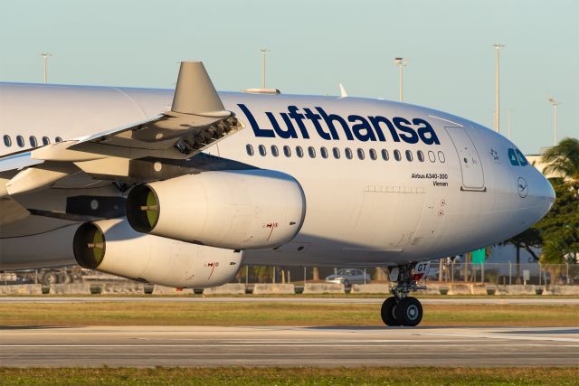 Airbus A340-300 (D-AIGT) - Viersen's four CFM56 engines produce around 136,000 pounds of thrust to propel her into the skies above Miami.