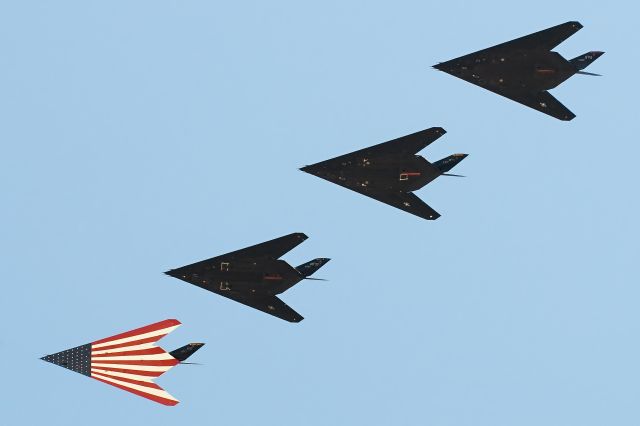 Lockheed Nighthawk — - Formation of F-117A Stealth Fighters ove USAF Plant 42/KPMD