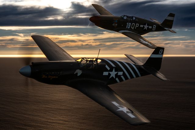 North American P-51 Mustang (N4651C) - Boise Bee P-51C flying off the wing of Mrs. Virginia P-51A.