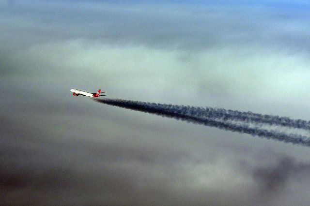 — — - Virgin Airbus over Atlantic westbound - Dec 2011 - crop approx 3 miles away