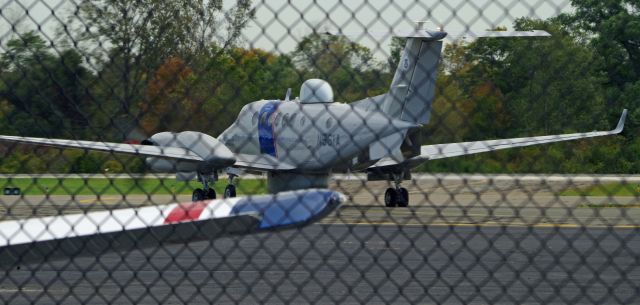 Beechcraft Super King Air 350 (N561A) - MORRISTOWN, NEW JERSEY, USA-OCTOBER 01, 2020: Seen on the other side of the security fence, shortly after the arrival of President Trump on Air Force One for a very short campaign stop at his golf club in nearby Bedminster, was this Beechcraft Super King Air 350 belonging to the U.S. Department of Homeland Security-Customs and Border Protection. It was preparing to taxi for takeoff on Runway 23, With Air Force One parked approximately 100 yards away and the area teaming with federal and local law enforcement, the idea of walking up to the fence and sticking my camera through for a better picture was not an option.