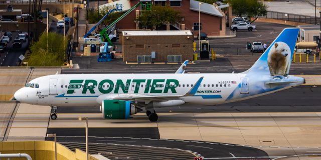 Airbus A320neo (N366FR) - Frontier Airlines A320 neo "Kit the Kermode Bear" taxiing at PHX on 12/16/22. Taken with a Canon R7 and Tamron 70-200 G2 lens.