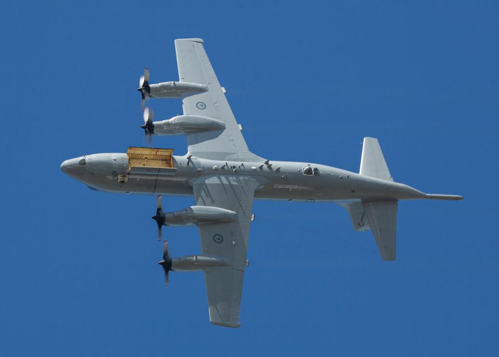 Lockheed P-3 Orion (ANZ4203) - Not quite over NZCH but overhead the Air Force Museum of New Zealand at Wigram (the former NZWG) on it's final flight heading to NZWB for retirement. 54 years old and 27,000 flying hours according to the NZDF press release.