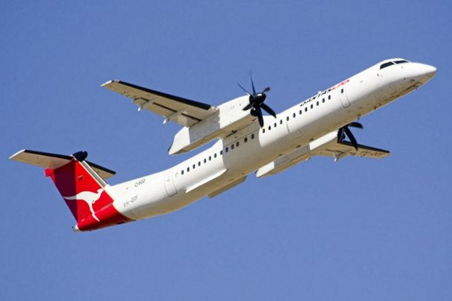 de Havilland Dash 8-400 (VH-QOF) - Getting airborne off runway 23 and heading to Pt. Lincoln,on the last day of the Australian summer. Thursday 28th February 2013.