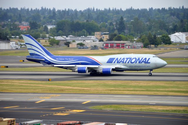 Boeing 747-400 (N952CA) - "National Cargo 821" (NCR821) loaded with COVID relief departing on 28L for Brunei International (WBSB/BWN). My first time photographing the gorgeous National Airlines (N8) livery!