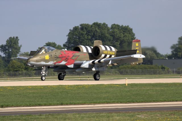 Fairchild-Republic Thunderbolt 2 (81994) - Michigan ANG A-10 Thunderbolt II of the 107FS arrives at EAA AirVenture 2018.  The a/c carries a special paint scheme with D-Day invasion stripes and unit logo celebrating the units 100th anniversary (24/Aug/1917 as the 107 Aero Squadron.