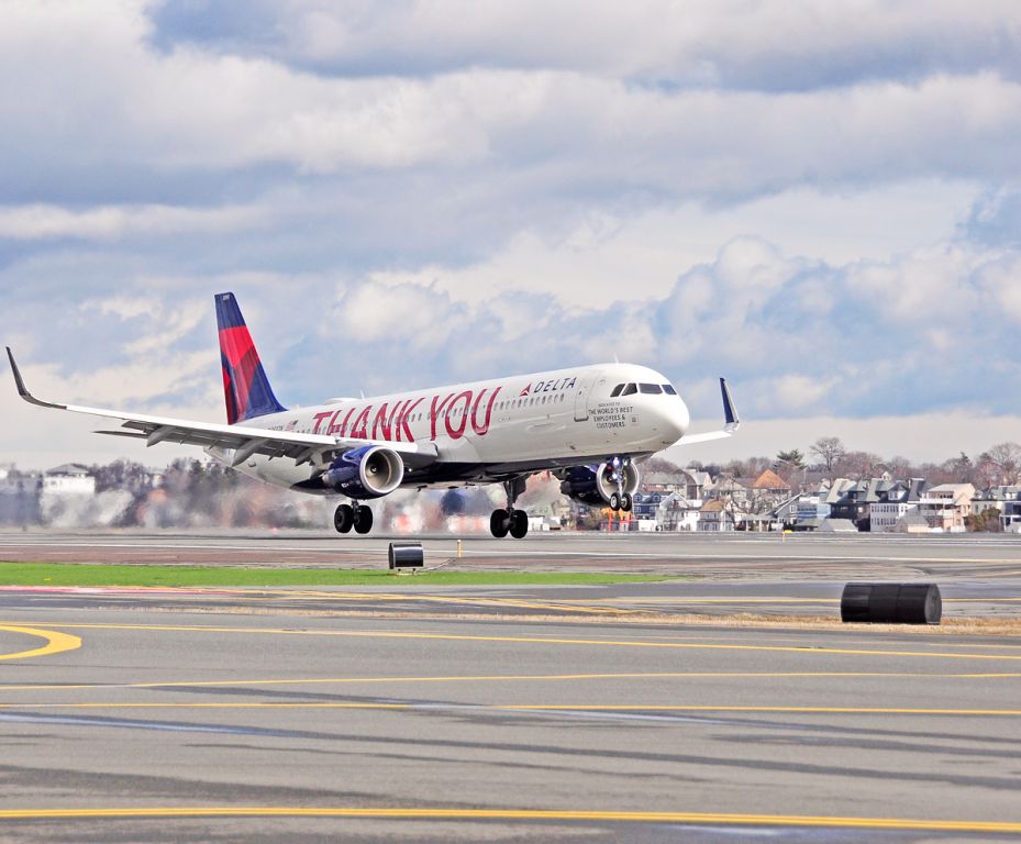 Airbus A321 (N391DN) - THANK YOU Special Livery lift off @ KBORSE Logan