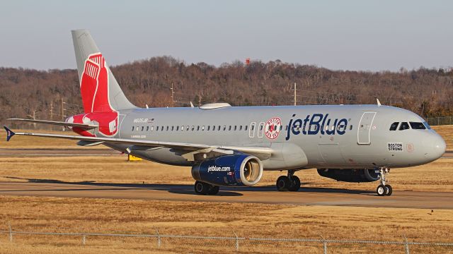 Airbus A320 (N605JB) - January 4, 2018, Nashville, TN -- N605JB just arrived on runway 02L.