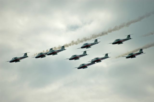 Canadair CL-41 Tutor — - Canadair CT-114 Tutors of the Snowbirds Demonstration team in formation at the Peterborough Air Show on September 22, 2019