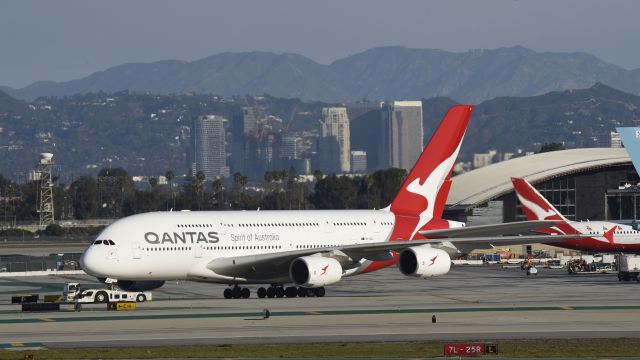 Airbus A380-800 (VH-OQJ) - Getting towed to parking at LAX