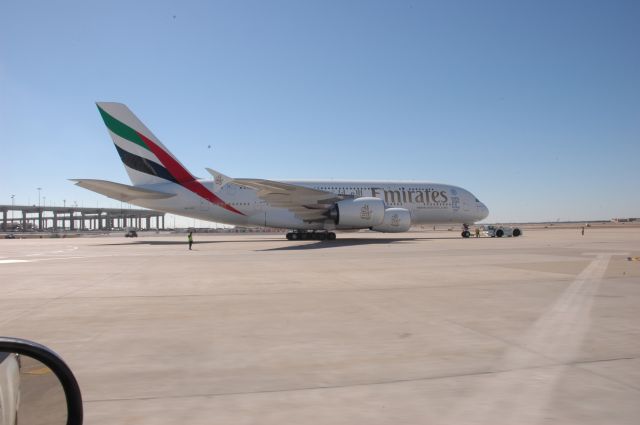 Airbus A380-800 (AG-EOF) - Emirates A380 on tarmac at DFW.