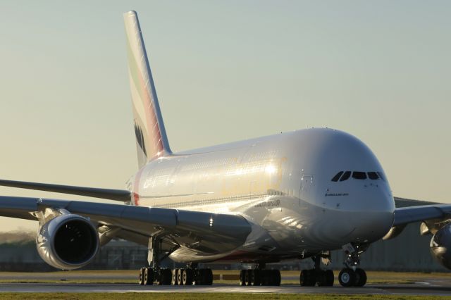 Airbus A380-800 — - Lining up on runway 027R at LHR.