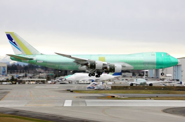 Boeing 747-200 (JA14KZ) - Nippon Cargo Airlines 747-8F JA14KZ landing at Paine Field after a test flight January 24, 2013.