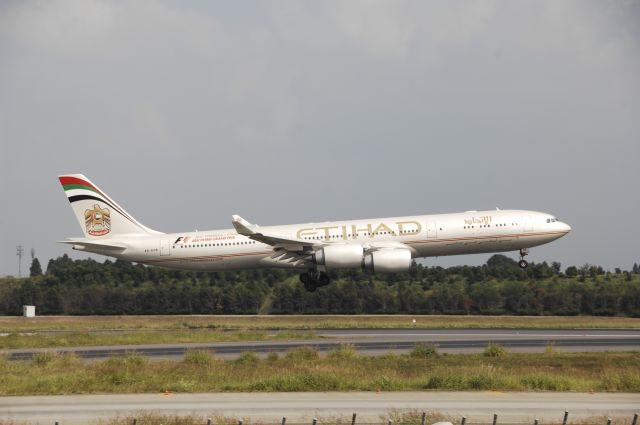 Airbus A340-500 (A6-EHB) - Landing at NRT Airport Runway 16L on 2011/10/10