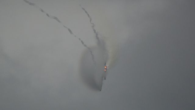 McDonnell Douglas FA-18 Hornet (16-5913) - Super Hornet pulling hard Gs after breaking to land. Kind of looks like a fuzzball with eyes.