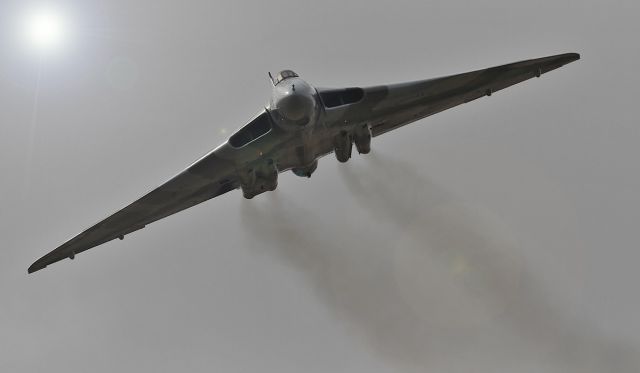 G-VLCN — - Avro B.2 Vulcan G-VLCN/XH558 [cn.SET12] smoking as Deta Lady banks onto the runway heading at the RAFA Airshow Shoreham EGKA Airport 1.9.2012.