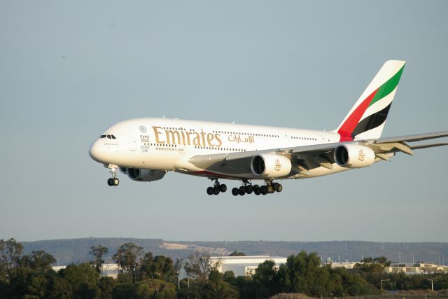 Airbus A380-800 — - Emirates Airbus A380 making a graceful landing on rwy 03 at Perth Intl Airport