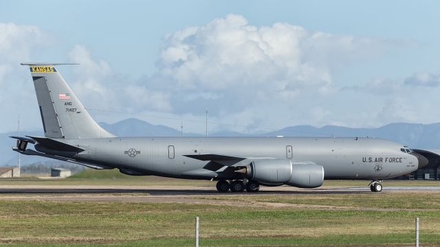 Boeing 707-100 (6371247) - USAF, KC135 Tanker taxies down runway 19 prior to take-off. The aircraft having just delivered US personnel and equipment for Exercise Angel Reign the first of its kind, with training focusing on tactical execution of joint personnel recovery and search and rescue missions.